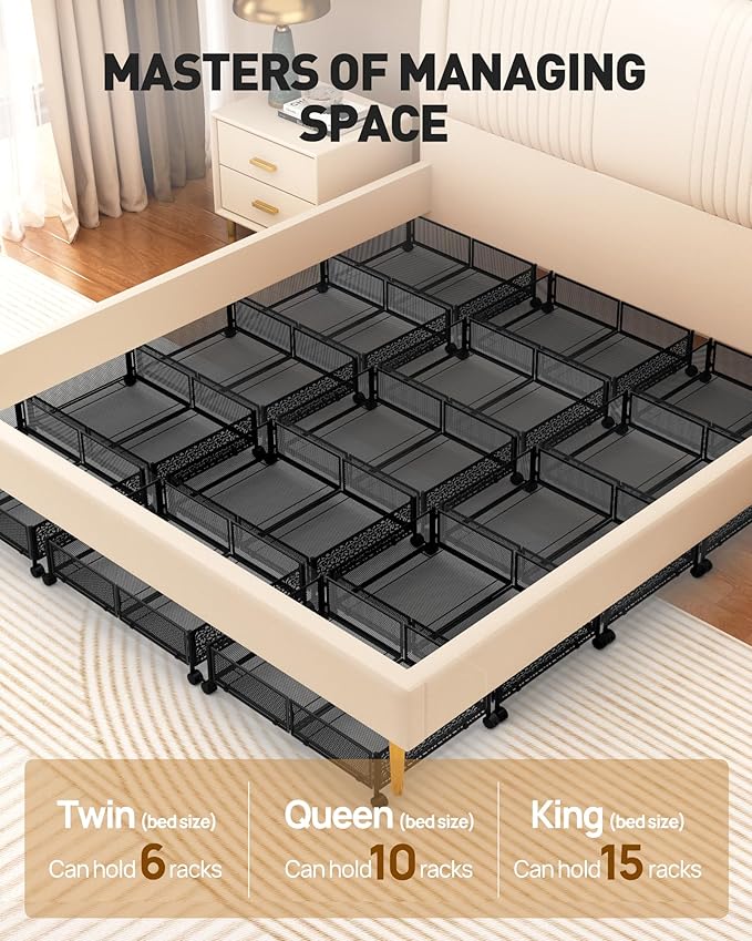 Under Bed Storage With Wheels, 4 Pack Foldable Pattern Carved Metal Under Bed Storage Containers, 60L Rolling Underbed Storage, Easy Assembly Under The Bed Storage for Shoes, Clothes, Blankets...