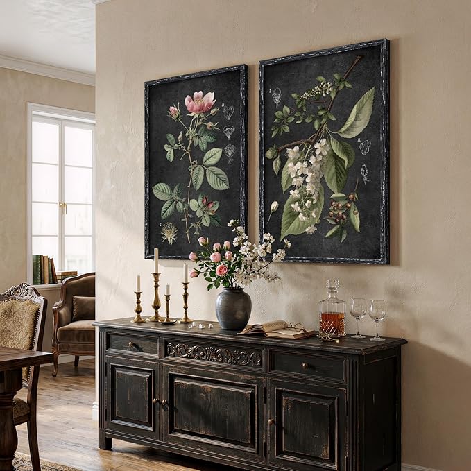 Large Framed Vintage Botanical Wall Art Set of 2, Rustic Retro Dark Floral Canvas Paintings Prints, Antique Flower Pictures for Farmhouse Living Room Hallway Bedroom Dining Room Wall Decor, 24x36 Inch