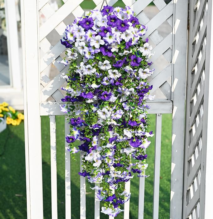 Waipfaru Artificial Petunias Flowers for Outdoors, 4 Pcs UV Resistant Fake Hanging Plants Spring Outside Decor, Faux Silk Flowers Long Trailing Vines for Outdoor Planters Porch Garden (Purple White)