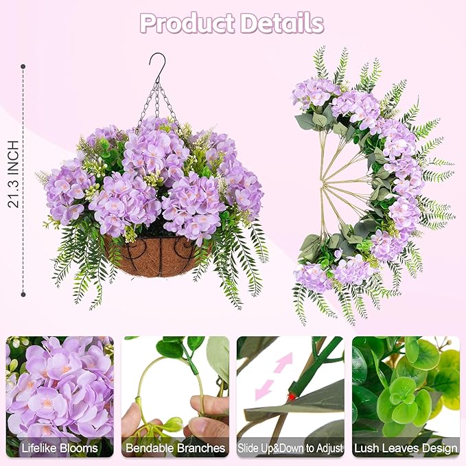 Artificial Flowers in Hanging Basket Planter for Home Spring Summer Decoration, Silk Hydrangea Outdoor Indoor Arrangements, 12" Metal Coconut Lining Basket with Faux Plant(Light Purple)