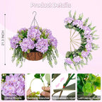 Artificial Flowers in Hanging Basket Planter for Home Spring Summer Decoration, Silk Hydrangea Outdoor Indoor Arrangements, 12" Metal Coconut Lining Basket with Faux Plant(Light Purple)
