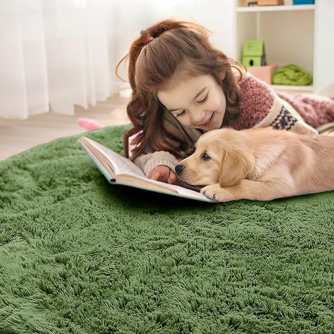 OLANLY Green Round Rugs for Bedroom - Machine Washable, 3 ft Circle Area Rugs for Living Room, Soft and Fluffy Shaggy Carpet for Teen Girl and Boys, Nursery Rooms, Dorms, Home Decor Aesthetic