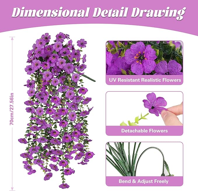2PCS Artificial Flowers for Outdoors, UV Resistant Fake Silk Flowers for Outside, Realistic Faux Plants for Hanging Baskets, Planters - Porch, Patio, Garden Décor (Purple)