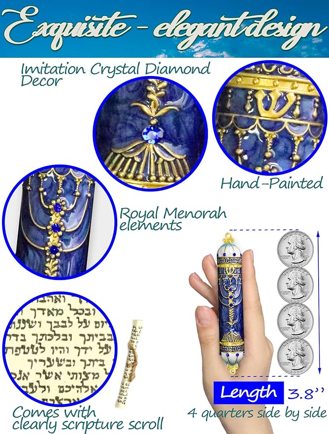 Exquisite Enamel Design Mezuzah with Scroll, Easy Install Use Double-Sided Tape, Royal Blue Mezuzah for Door with Crystal Diamond Accent for Any Memorable Jewish Occasions, 3.8”