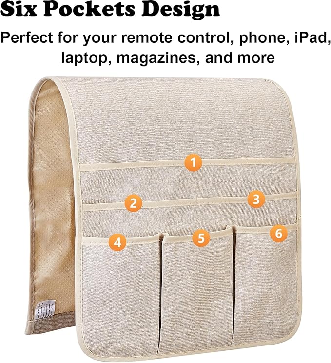 Teniux Remote Control Holder Armchair Caddy for Recliner Couch, Non-Slip Armrest Organizer with 5 Pockets for Magazine, Tablet, Phone, iPad (Beige)