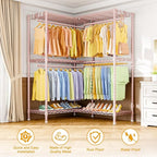 E15 Garment Rack L Shaped Clothes Rack for Corner，Freestanding Clothing Racks for Hanging Clothes，Heavy Duty Closet Organizer with 4 Hanging Rods & 8 S Hooks，43.4" W x 15.8" D x 78.4" H，Pink