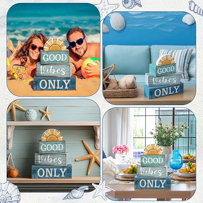 Lineshading 4 Pcs Beach Themed Table Decor Good Vibes Only Wood Block Sign Wooden Sunshine Beach Tiered Tray Decorations Summer Centerpiece Decor Funny Farmhouse Summer Decorations for Home Shelf
