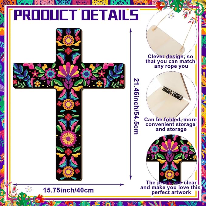Pinkunn 2 Pcs Mexican Floral Cross Wall Decor Mexican Wall Art Hand Painted Decorative Inspirational Wooden Floral Cross Spanish Crucifix Decor for Home Room Church Decoration