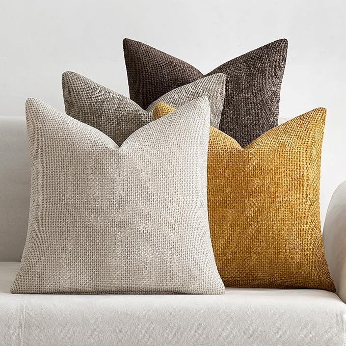 MIULEE Pack of 4 Couch Throw Pillow Covers 16x16 Inch Neutral Gold/Brown Soft Decorative Chenille Pillow Covers Farmhouse Accent Cushion Covers for Boho Home Decor Sofa Bedroom Living Room