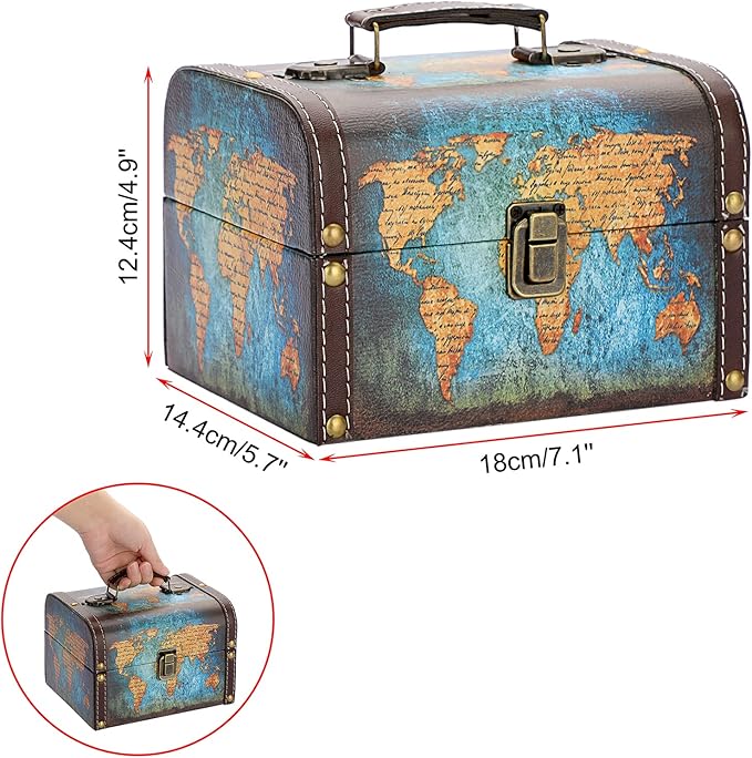 ELLDOO Decorative Treasure Chest Box, Wooden + PU Leather Storage Box for Jewelry Trinkets, Keepsakes box for Girls Women Gifts (Green Map Pattern)