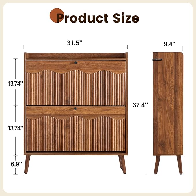 BERRYMERRY 31.5” Fluted Shoe Storage Cabinet with 2 Flip Drawers,Narrow Shoe Storage Organizer Rack with Wave Door for Entryway,Hallway,Living Room