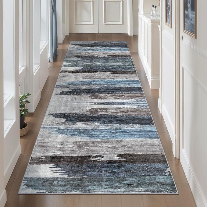 Ciicool 2'6"x10' Washable Runner Rug, Modern Abstract Hallway Rugs Runner, Non-Slip Thin Accent Rug Lightweight Navy Grey Print Distressed Carpet for Laundry Entryway Bedroom Kitchen Indoor