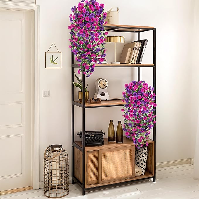 Artificial Hanging Petunias Flowers for Outdoor, 2pcs Fake Plants Long Vine Morning Glory Eucalyptus, UV Resistant Realistic Faux Greenery Indoor Outside Patio Porch Garden Spring Summer Decor, Purple