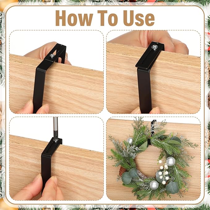 LEIFIDE 4 Pcs Width Adjustable Wreath Hanger for Front Door 1.5-3.78" Large Over the Door 4th of July Decoration Hook 20 Lbs Capacity(Black)