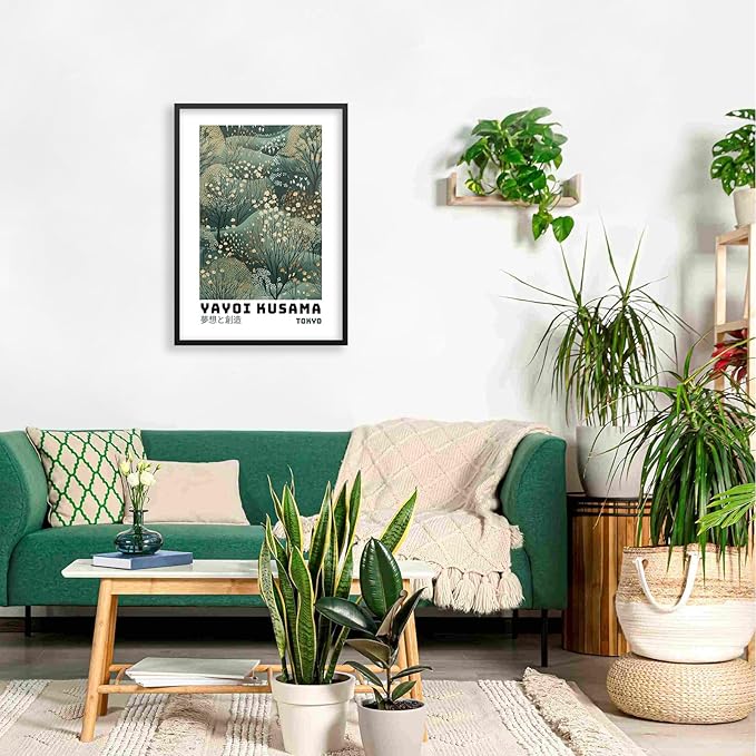 Yayoi Kusama Inspired Poster Japanese Botanical Wall Art Abstract Yayoi Kusama Print Modern Ukiyo-e Japanese Gallery Wall Decor 16x24in Black Framed for Home Bedroom Decorations