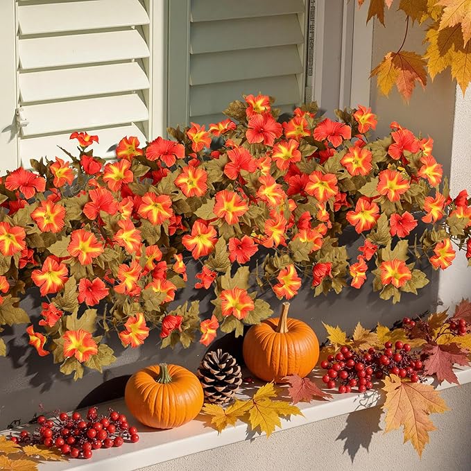HyeFlora Artificial Fall Flowers for Outdoors Decoration 2PCS Autumn Faux Morning Glory Look Real Silk Flowers for Outside Planter UV Resistant Fake Flowers for Home Garden Balcony Yard Porch Deco