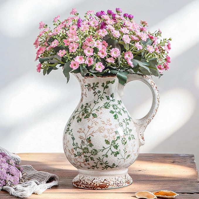 Enra Large Vintage Green Ceramic Vase and Pitcher for Home Decor, 9.7 Inch Rustic Chinoiserie Decorative Vases, Green and Beige Ceramic Vases for Living Room, Kitchen, Office – Large Vases for Decor