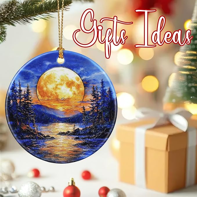 Christmas Ornaments, 2.8 Inch Ceramic Hanging Ornament, Christmas Tree Ornaments, Xmas Decorations, Holiday Decorations, Holiday Party Gifts, and Xmas Gift Ideas - Full Moon Over Forest Lake