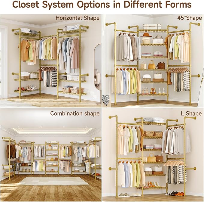 L3 Industrial Pipe Closet Organizer System, Wall Mounted Clothes Rack Clothing Racks with 4 Telescopic Rods & 6 Shelves , Heavy Duty Closet System in Wardrobe Closet (Gold)