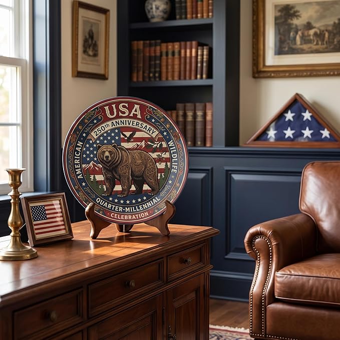 250th Anniversary Decorative Plates 8 Inch Vintage Wildlife Patriotic Decorations Commemorative Plates with Stand Memorial Day 4th of July Veterans Day Home & Office