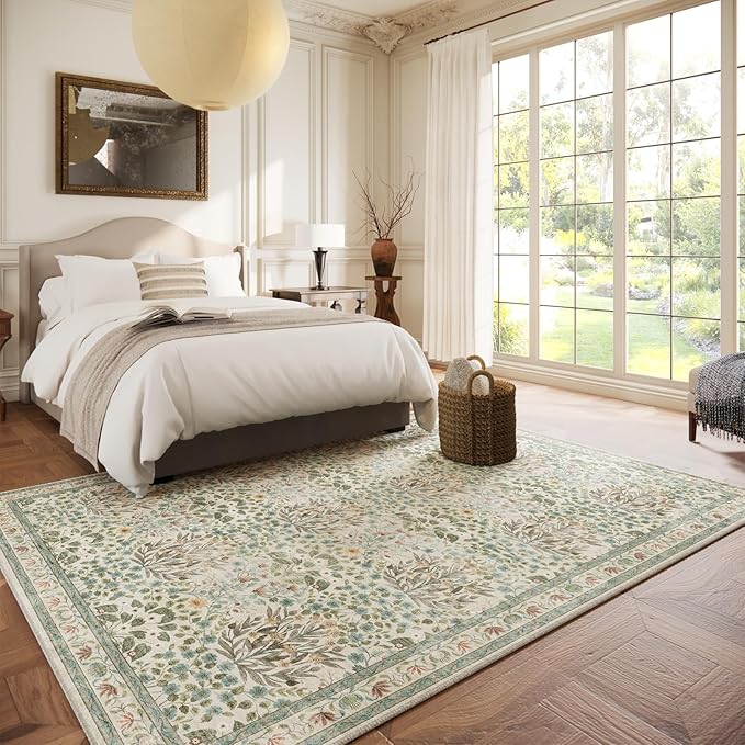 Washable Area Rug 6x9 - Oriental Vintage Dining Room Rug for Living Room, Bedroom, Kids Playroom & Baby Nursery - Low Pile, Non-Slip, Lightweight & Stain Resistant