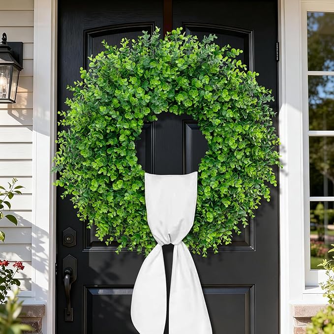 28'' Large Boxwood Wreaths Front Door Artificial Green Spring Wreath with Sash Wreaths for Front Door Farmhouse Greenery Year Round Outdoor Indoor for Summer Wreath St Patricks Day Decoration