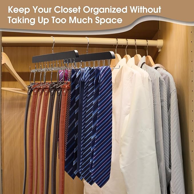 Wooden Tie Rack & Belt Holder 2 Pack, 20-Hook Necktie Hanger & 14-Hook Belt Organizer, Space Saving Multi Functional Closet Storage for Men