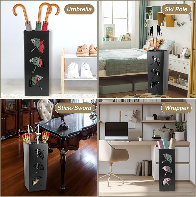 Metal Umbrella Holder, 16.5x6.3x6.3inch Square Free Standing Umbrella Rack Decorative Umbrella Holder Bin Multipurpose Walking Sticks Holder for Umbrella Cane Entryway Home Office (Style B)
