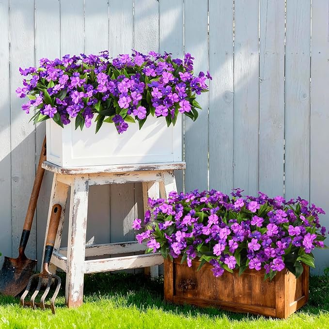 Artificial Fake Flowers for Outdoor, 6 Bundles UV Resistant Faux Plants Decoration Silk Flowers No Fade Plastic Flowers for Outside Planters Home Porch Patio Yard Garden Decor(Purple)