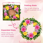 Livole 24 Inch Summer Spring Wreaths for Front Door Large Summer Door Wreath with Peony Rose Daisy for Indoor Outdoor Home Wall Farmhouse Patio Porch Window Decor