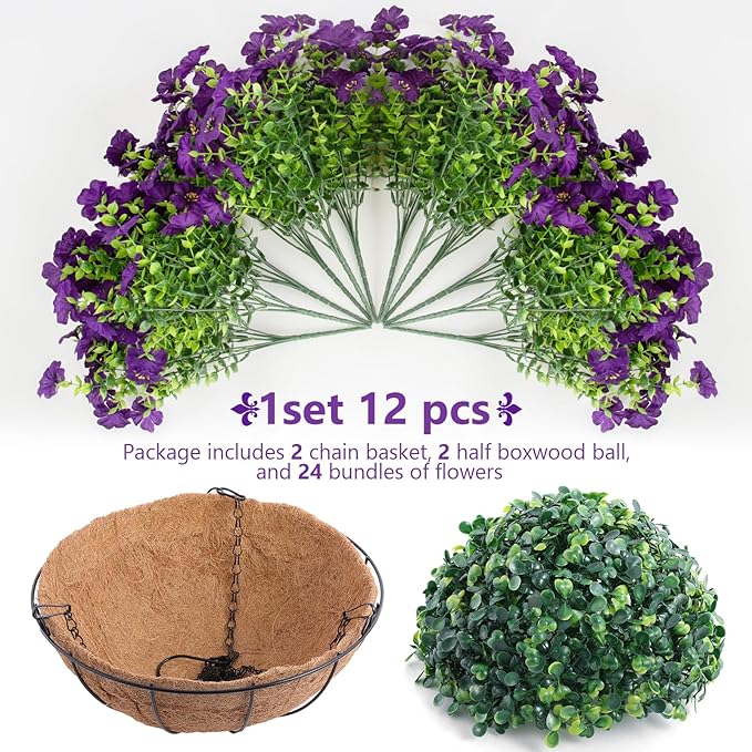 Hananona 2 Set Artificial Outdoor Flowers with Hanging Basket, 2 Hanging Planters with 24 Pcs Flowers for Spring Summer Front Porch Garden Patio Home Decor (2, Purple)
