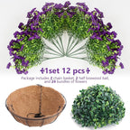 Hananona 2 Set Artificial Outdoor Flowers with Hanging Basket, 2 Hanging Planters with 24 Pcs Flowers for Spring Summer Front Porch Garden Patio Home Decor (2, Purple)