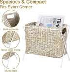 BTSKY Handwoven Magazine Holder, Natural Seagrass Magazine Basket with Metal Rack, Mail Holder Floor Organizer for Office, Living Room, Dorm, Bathroom, Woven Rattan File Basket with Handle (White)