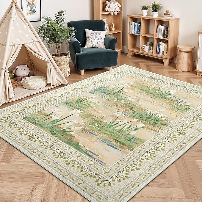Lessymo Dining Room Rugs for Under Table, 6x9 Washable Floral Area Rug for Living Room, Non Slip Low Pile Carpet for Bedroom, Stain Resistance Cottagecore Farmhouse Nursery Office Decor, Beige Sage