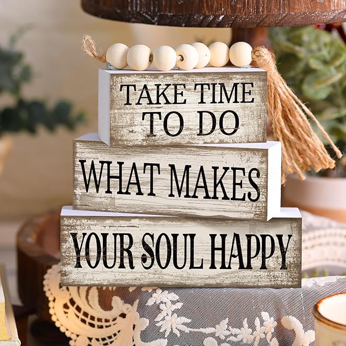 Yuntau 4 Pcs Farmhouse Tabletop Decoration Inspirational Farmhouse Tiered Tray Decor Rustic Retro Wood Bead Garland Take Time to Do What Makes Your Soul Happy Block Centerpiece Sign for Home Shelf