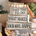Yuntau 4 Pcs Farmhouse Tabletop Decoration Inspirational Farmhouse Tiered Tray Decor Rustic Retro Wood Bead Garland Take Time to Do What Makes Your Soul Happy Block Centerpiece Sign for Home Shelf