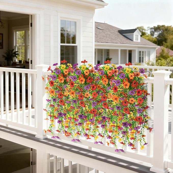 Homsunny Artificial Hanging Flowers for Outdoor, 8PCS Fake Flowers Faux Silk Daisy with Eucalyptus Leaves, UV Resistant Aritificial Outdoor Flowers for Spring Home Patio Balcony Yard Porch Decor