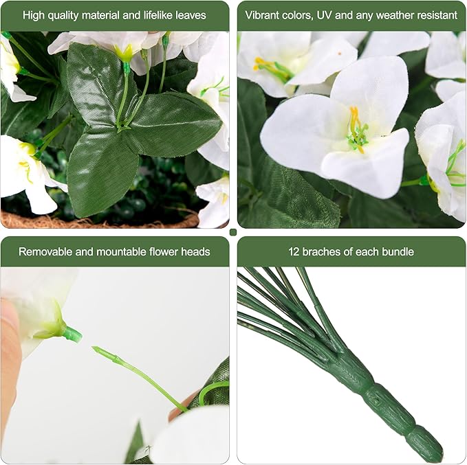 Faux Bougainvillea Artificial Flowers Plants for Outdoors, 4 Bundles Spring Fake Outdoor Flowers Silk Bougainvillea for Outside UV Resistant Realistic for Porch Patio Window Planter Garden Home, White