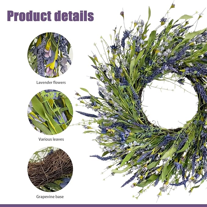 Jobflower 24 Inch Lavender Wreath for Front Door - Artificial Spring Wreath with Realistic Blue Berries - Lifelike Farmhouse Wall Decor for All Seasons