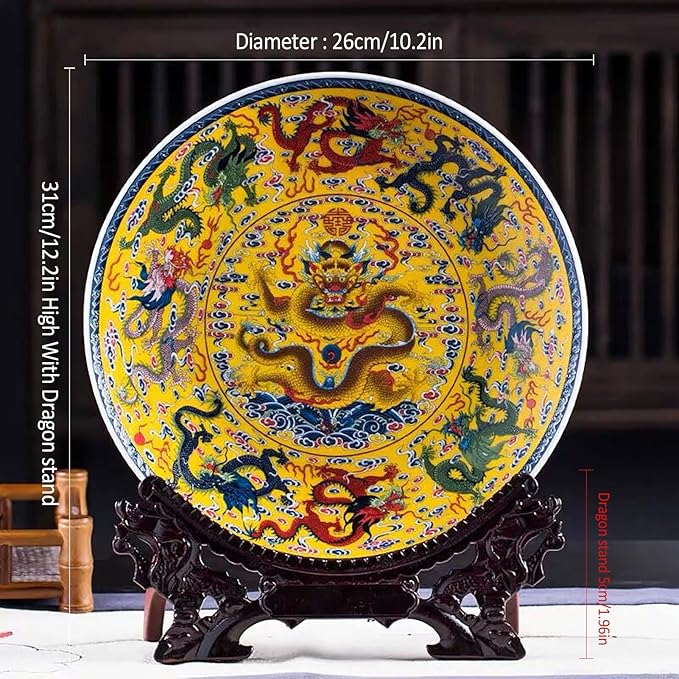 LIYAOLI Home Ceramic Decorative Plates for Display Feng Shui Decor Chinese Decorations Classical Colorful Flying Dragon Soaring Clouds Handmade Art Decor for Display Living Room Table