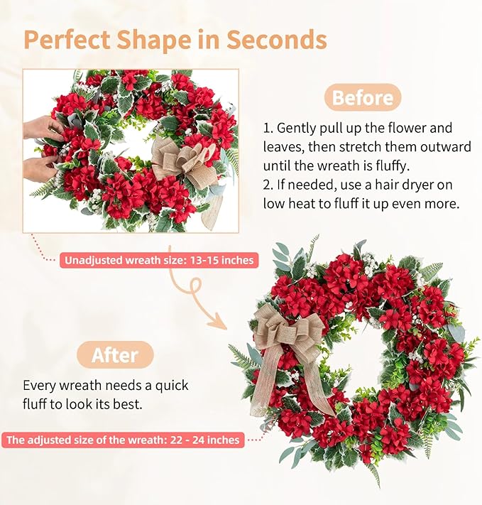 NUPTIO Geranium Wreath for Front Door: 24 Inch Summer Red Patriotic 4th of July Wreaths with Greenery Bow Hanger - Outdoor Realistic Artificial Silk Flower Spring Decor for Wall Window Porch Farmhouse