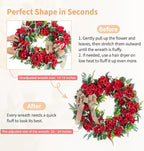 NUPTIO Geranium Wreath for Front Door: 24 Inch Summer Red Patriotic 4th of July Wreaths with Greenery Bow Hanger - Outdoor Realistic Artificial Silk Flower Spring Decor for Wall Window Porch Farmhouse