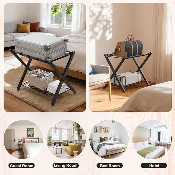 26.77"L Luggage Rack, Black Luggage Rack for Guest Room, Bamboo Folding Suitcase Stand with Storage Shelf, 5 Nylon Straps, Heavy Duty Luggage Holder for Bedroom Hotel, 1 Pack, Gift Box Packaging