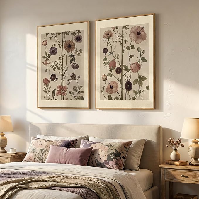Large Framed Vintage Botanical Wall Art Set of 2, Neutral Antique Floral Canvas Painting Prints Artwork for Walls, Retro Rustic Farmhouse Flowers Pictures for Living Room Bedroom Wall Decor, 24x36 In