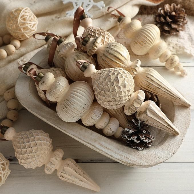 Yunlly 9 Pcs Neutral Christmas Ornaments Textured Christmas Tree Decor with Hanging Loop Modern Brown Hanging Ornaments Finial Shatterproof Decor for Xmas Vintage Rustic Farmhouse (Retro White)