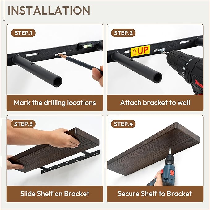 Marsmiles 36 inch Floating Shelves for Wall Elm Wood Live Edge Shelves|Rustic Wall Shelves with Invisible Heavy-Duty Bracket for Bathroom Living Room Kitchen|Walnut, 2 Pack