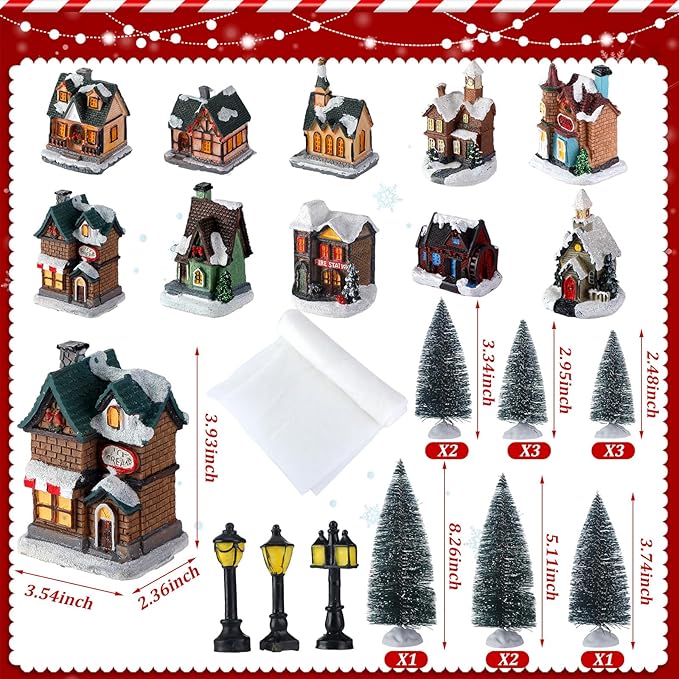 Shappy 48 Pcs Christmas Village Houses Town Buildings Accessories 10 Light up Christmas Village House 12 Mini Trees 12 LED Lights 2 Snow Blanket Box for DIY(Classical Style)
