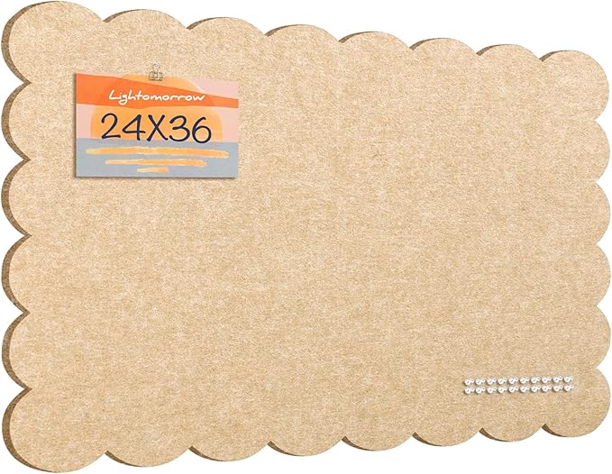Lightomorrow Scalloped Bulletin Board, 36 x 24 Inches Felt Pin Board - Decorative Cork Alternative for Wall, Foldable Picture Self-Adhesive Vision Prayer Board with 20 Pushpins - Beige Brown