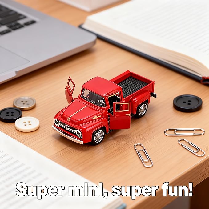 Vintage Red Pickup Truck Toy -Pull and GoTrucks for Kids and Boys.Farmhouse Holiday Centerpiece Winter Decor for Mantel,Tabletop,– Toy Gift for Family,Child,Christmas Enthusiasts(With Free small Tree)