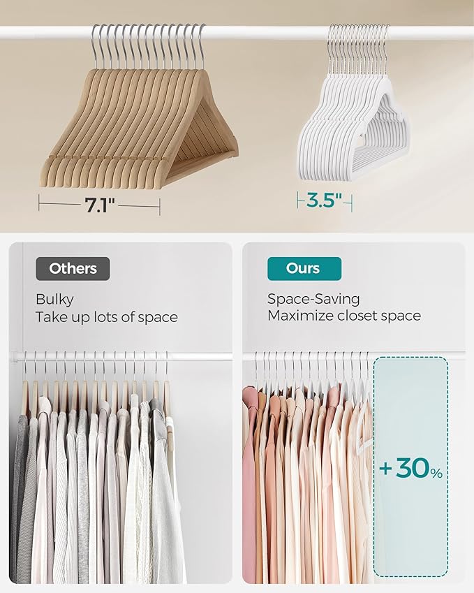 SONGMICS Velvet Hangers 50 Pack, Non-Slip Clothes Hangers with Shoulder Notches, Pants Bar, 360° Swivel Hook, Space-Saving, for Closet, Cloud White UCRF029W05